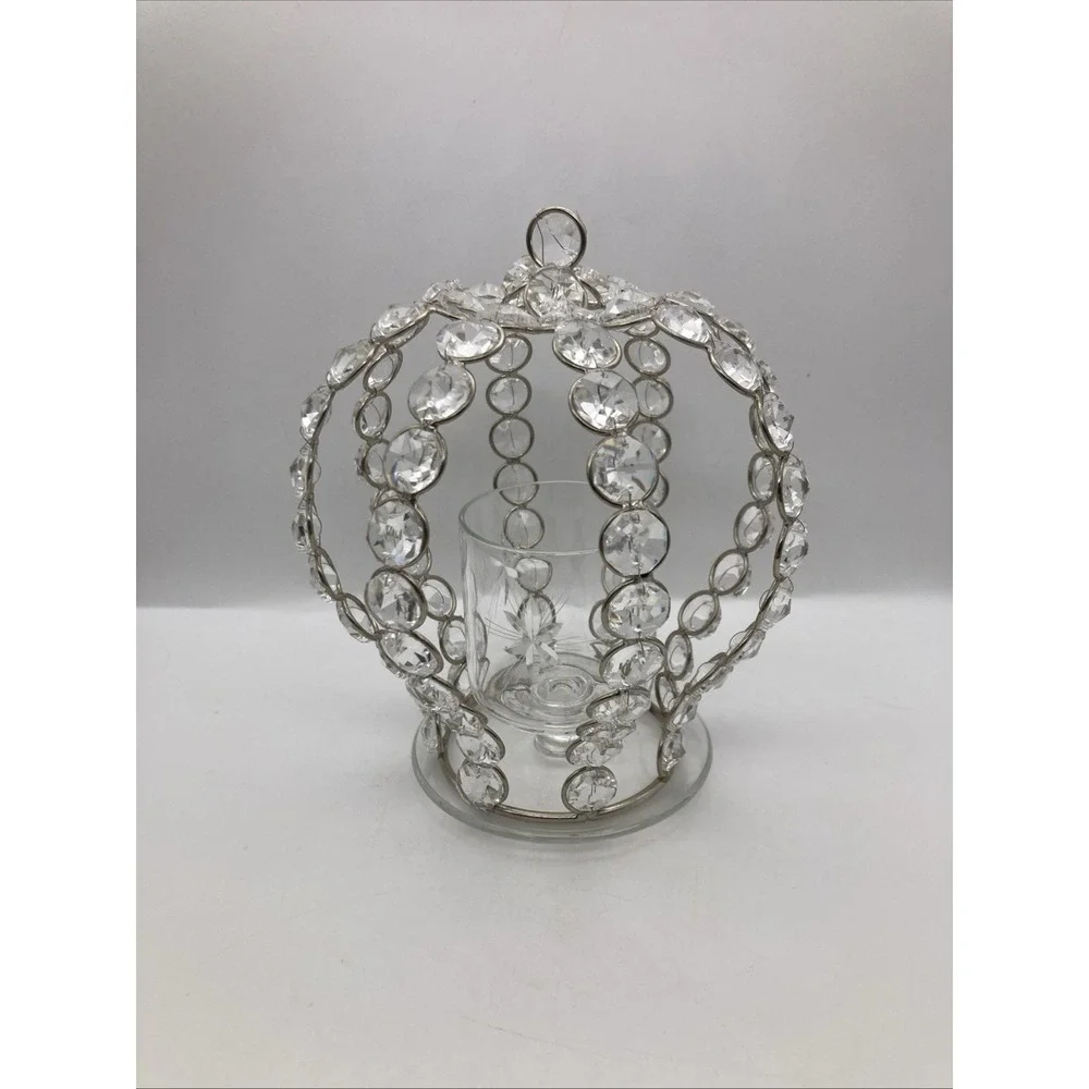 Crown Shaped Candle Holder Silver Toned Metal With Crystal Beads Etched Glass - Picture 3 of 6